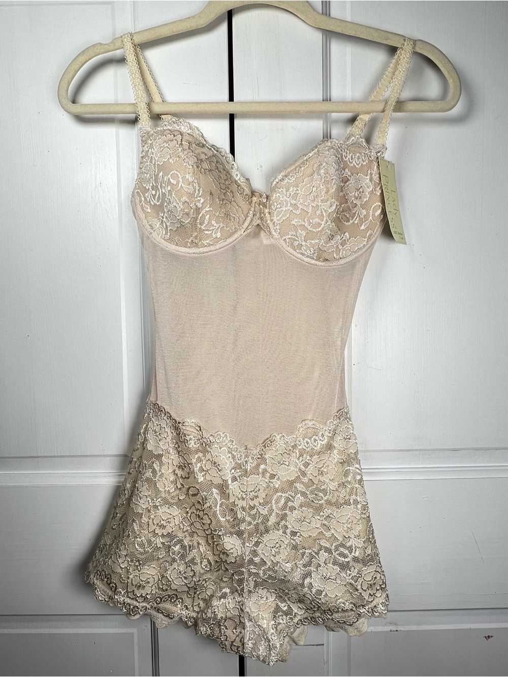NWT Lady Princess Lace Mesh Sheer Chemise Bodysuit in Cream Snap Crotch Size M